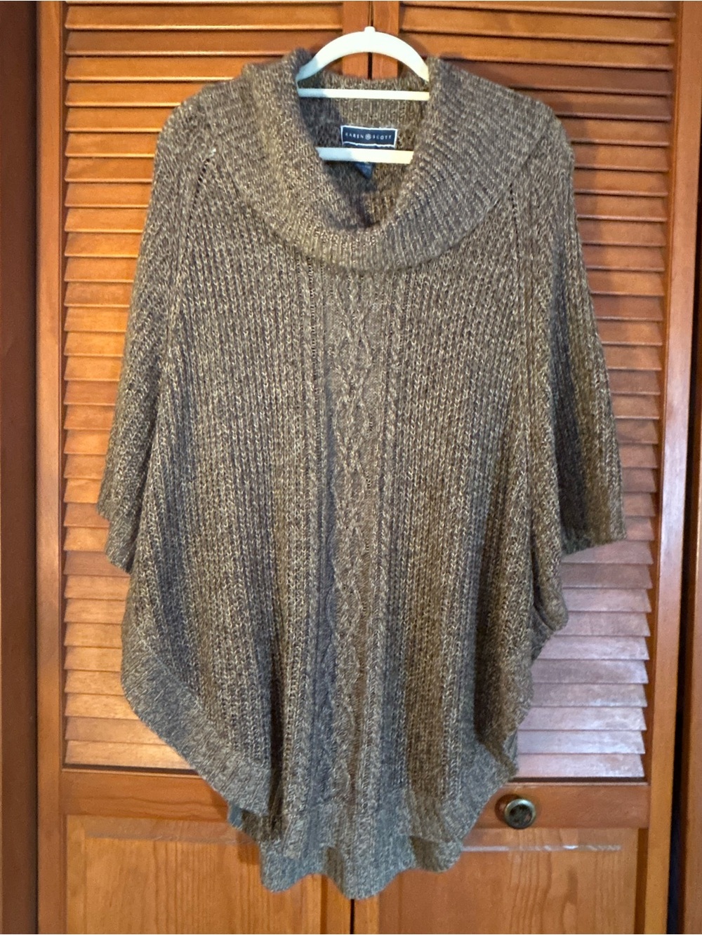 Karen Scott Taupe Cowl-Neck Cable Knit Poncho Sweater
